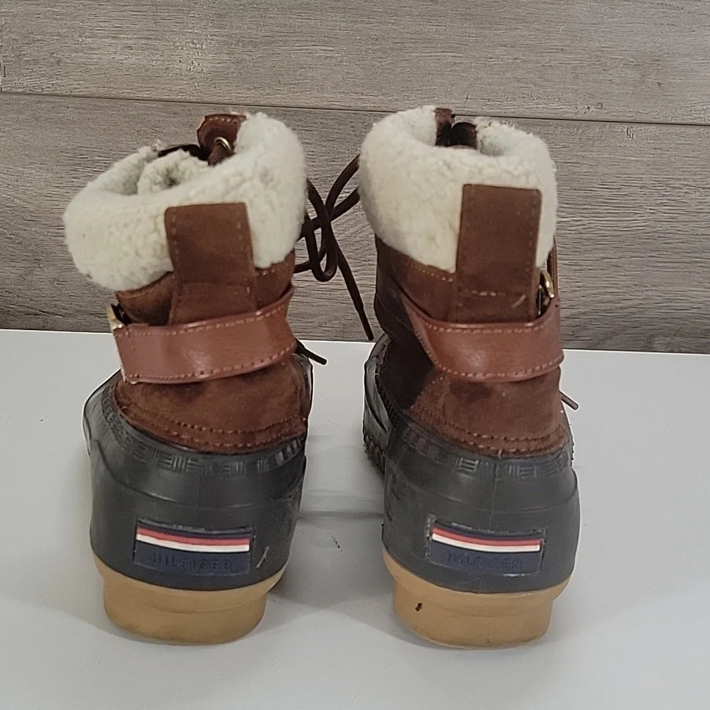 Toomy Hilfiger Brown Leather Lace-Up Winter Duck Boots Sz 8